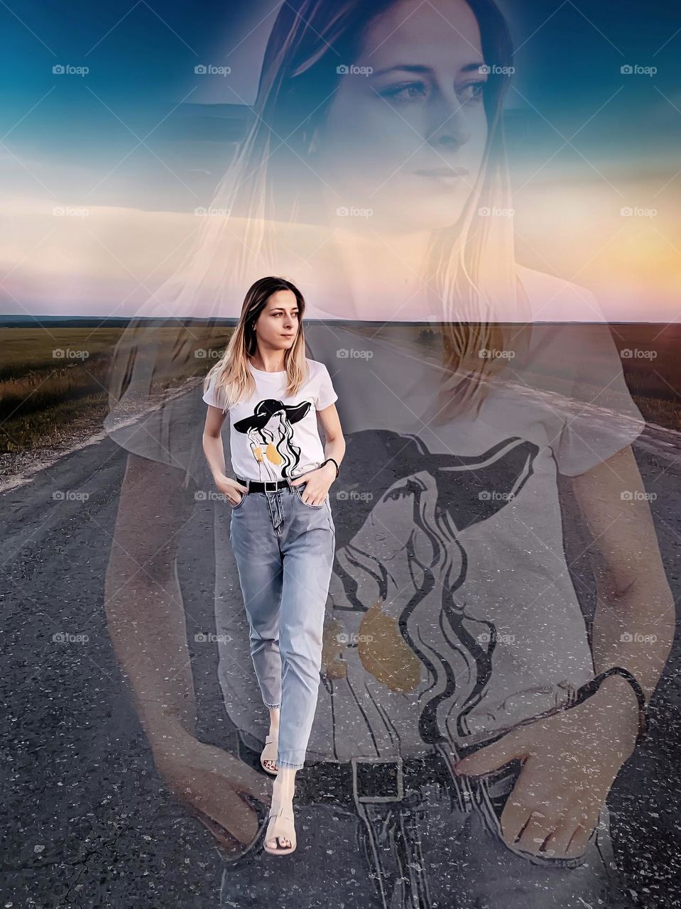 mobile photo multiple exposure, young blonde girl walks along an empty open road