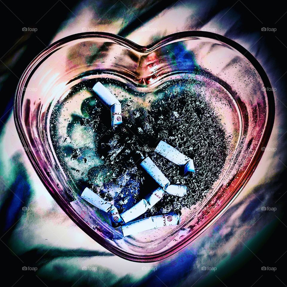 Title: #IronicPic A heart ashtray. Cigarettes are blamed for the #1 killer in the world. #HeartDiseaseAwareness 
I'm gonna go have a cig... Ciao for now peepz! #Ha #Try #FuckDying #Fight #FindYourLight #Cry #LetGod #Survive, #thrive #LaughToLiveLife