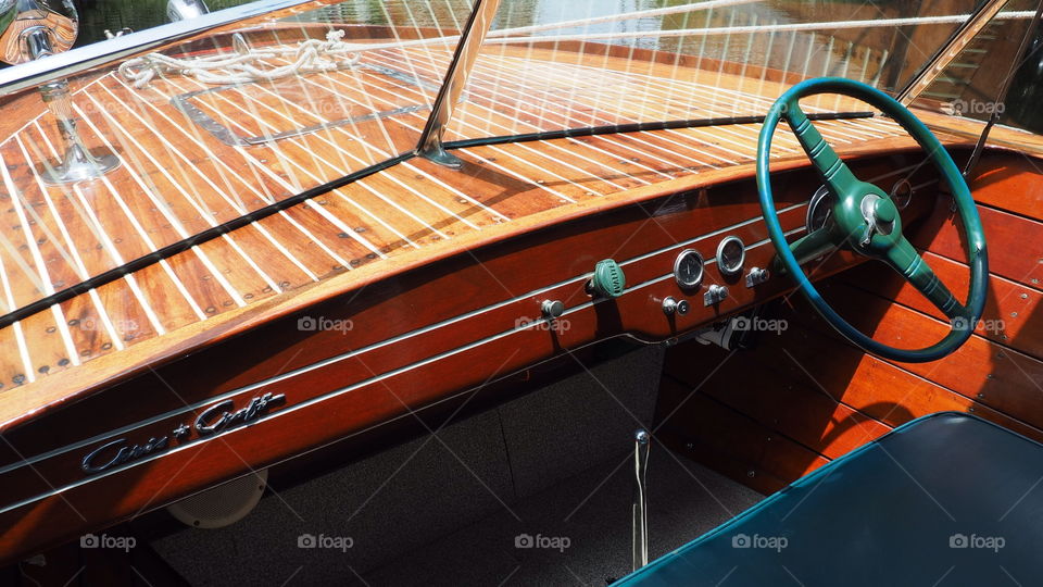 Vintage motorboat. Interior of a luxury vintage motorboat from 1947