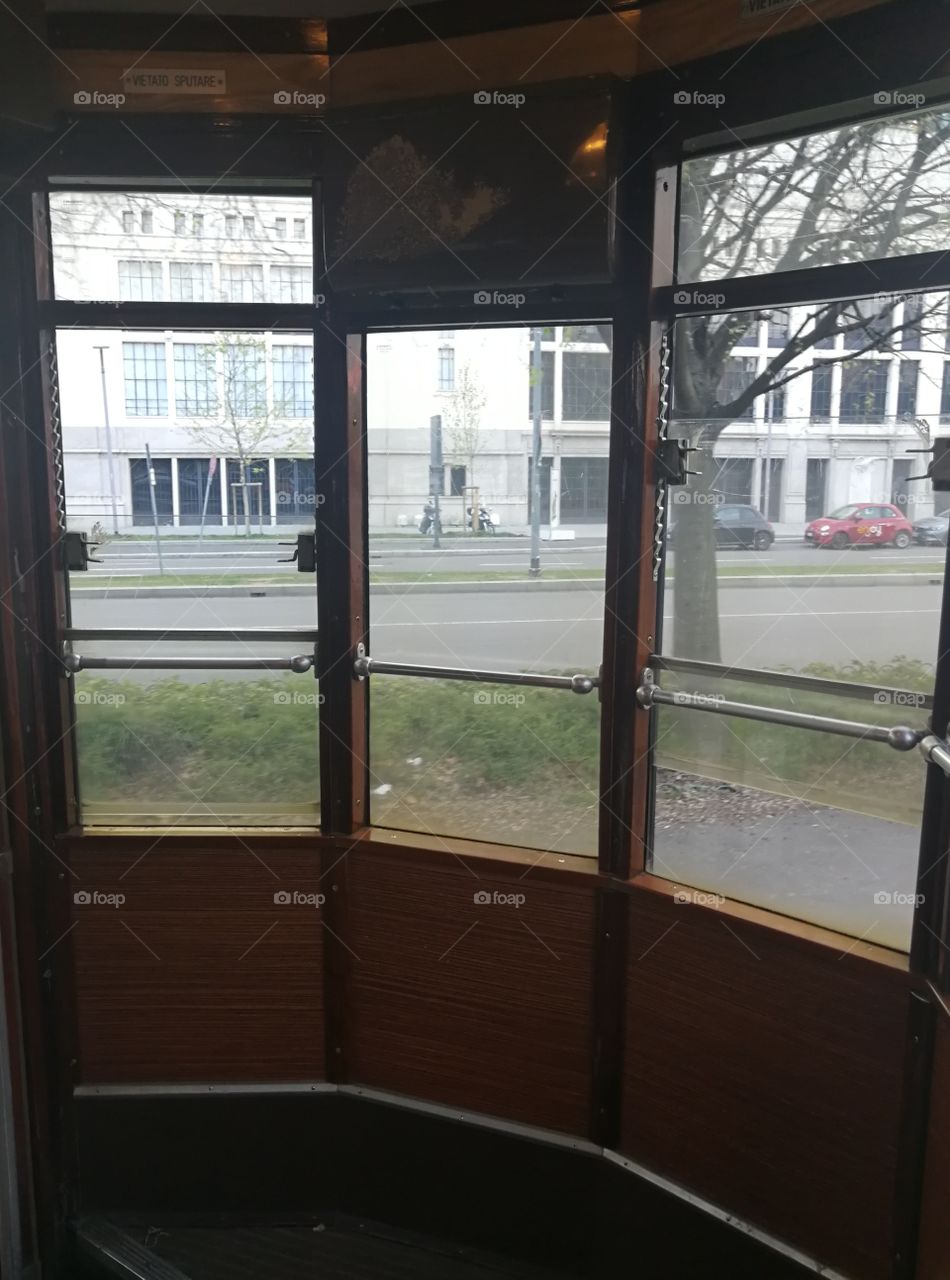 Rectangular windows on a streetcar