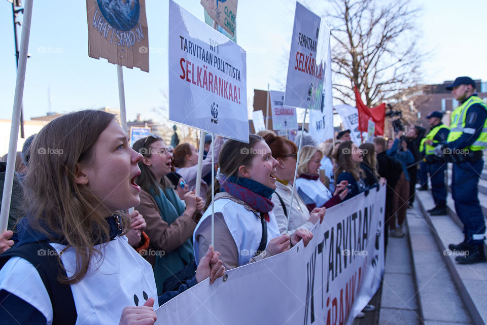 Helsinki, Finland - April 6, 2019: March and demonstration against climate change (Ilmastomarssi) in downtown Helsinki, Finland attended by more than 10000 people. 