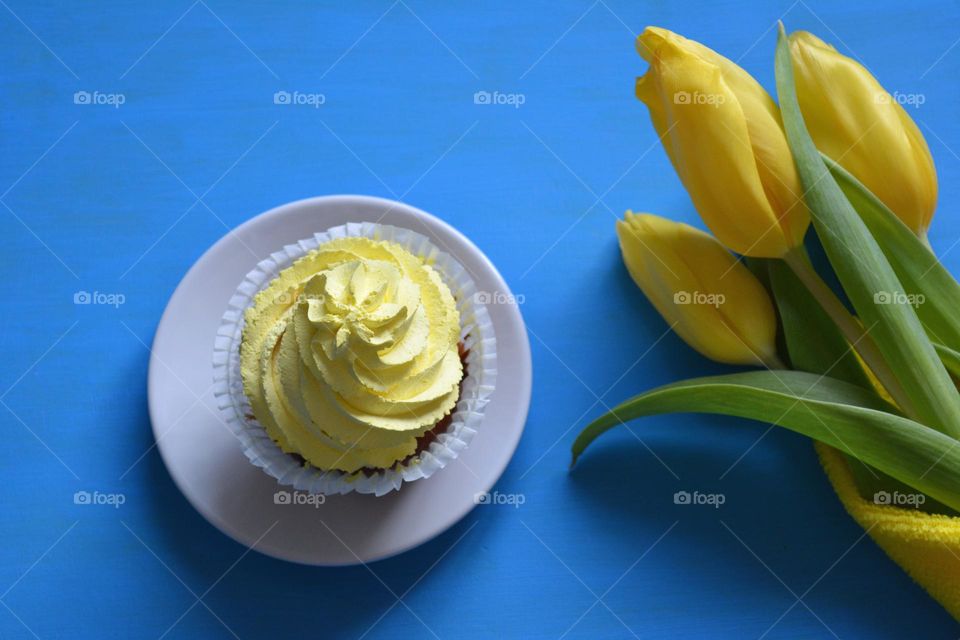 cake and yellow tulips flowers love spring, lifestyle