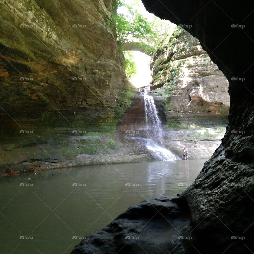 Waterfall and a cave.