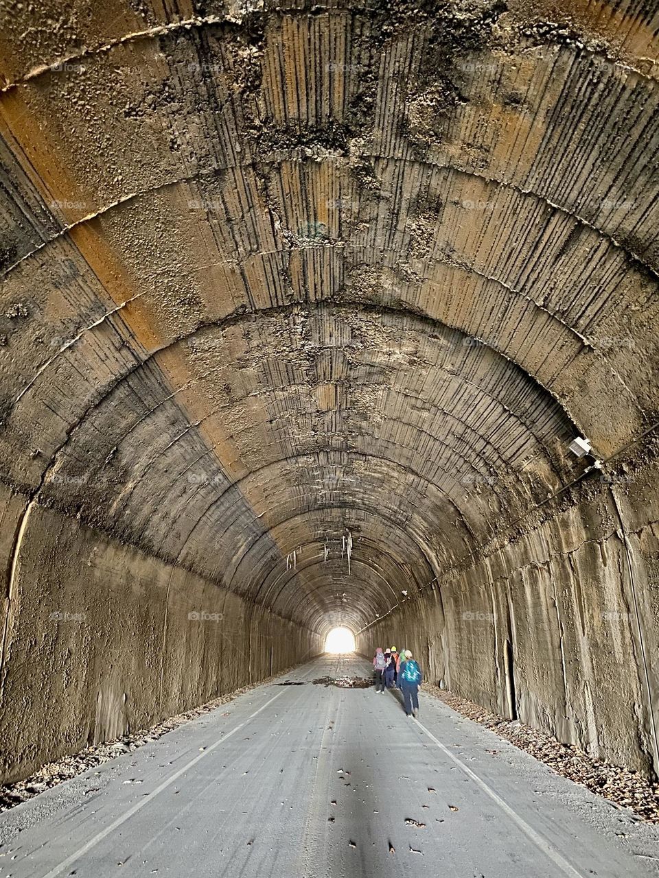 A group of people walking through an old railway tunnel 