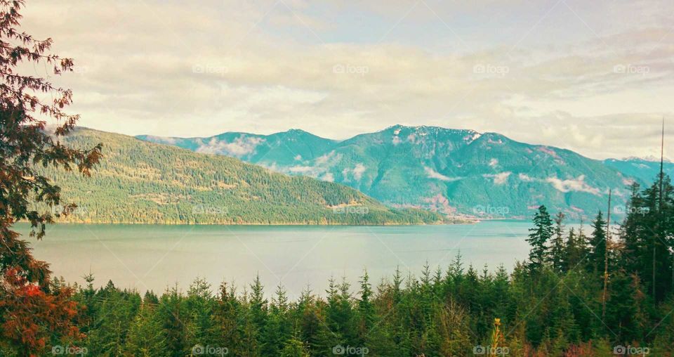 Scenic view of mountains and lake