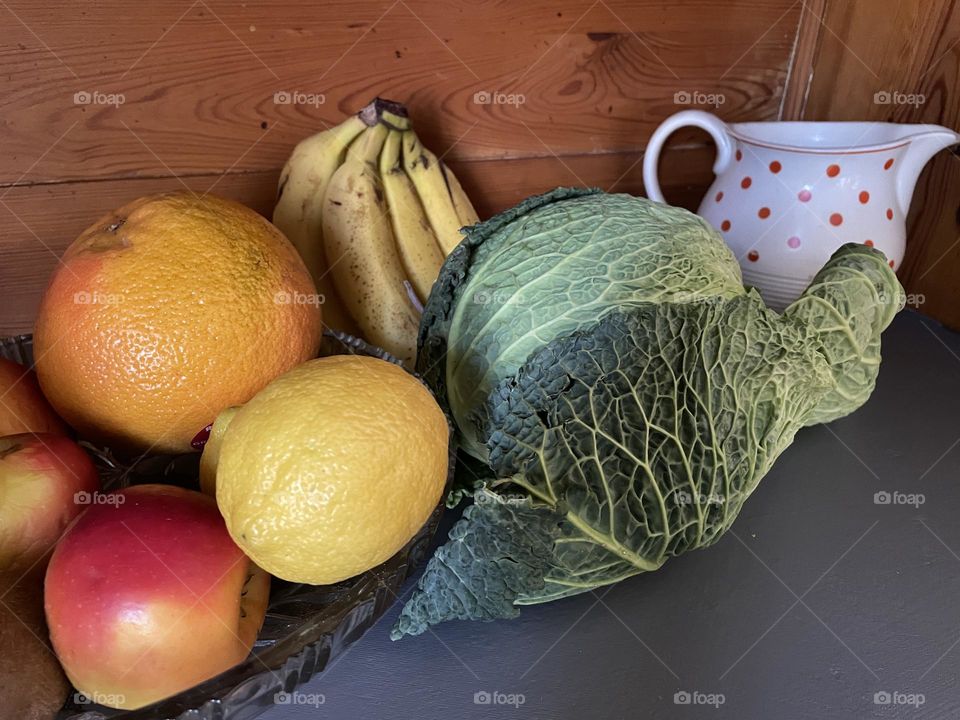 Close up of healthy vegetable and fruits on table