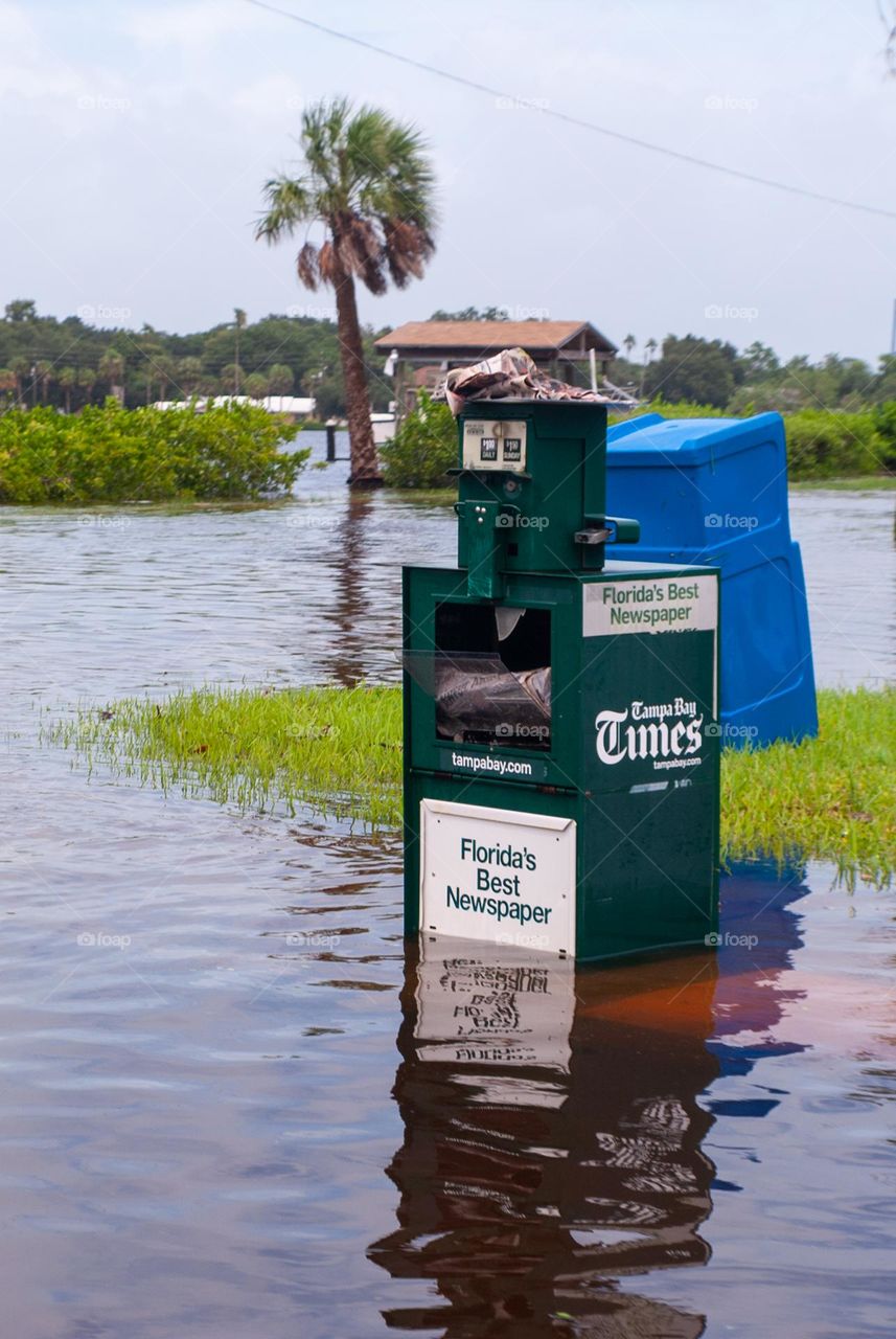 a Florida newspaper stand sitting in high water on a street corner with severe flooding