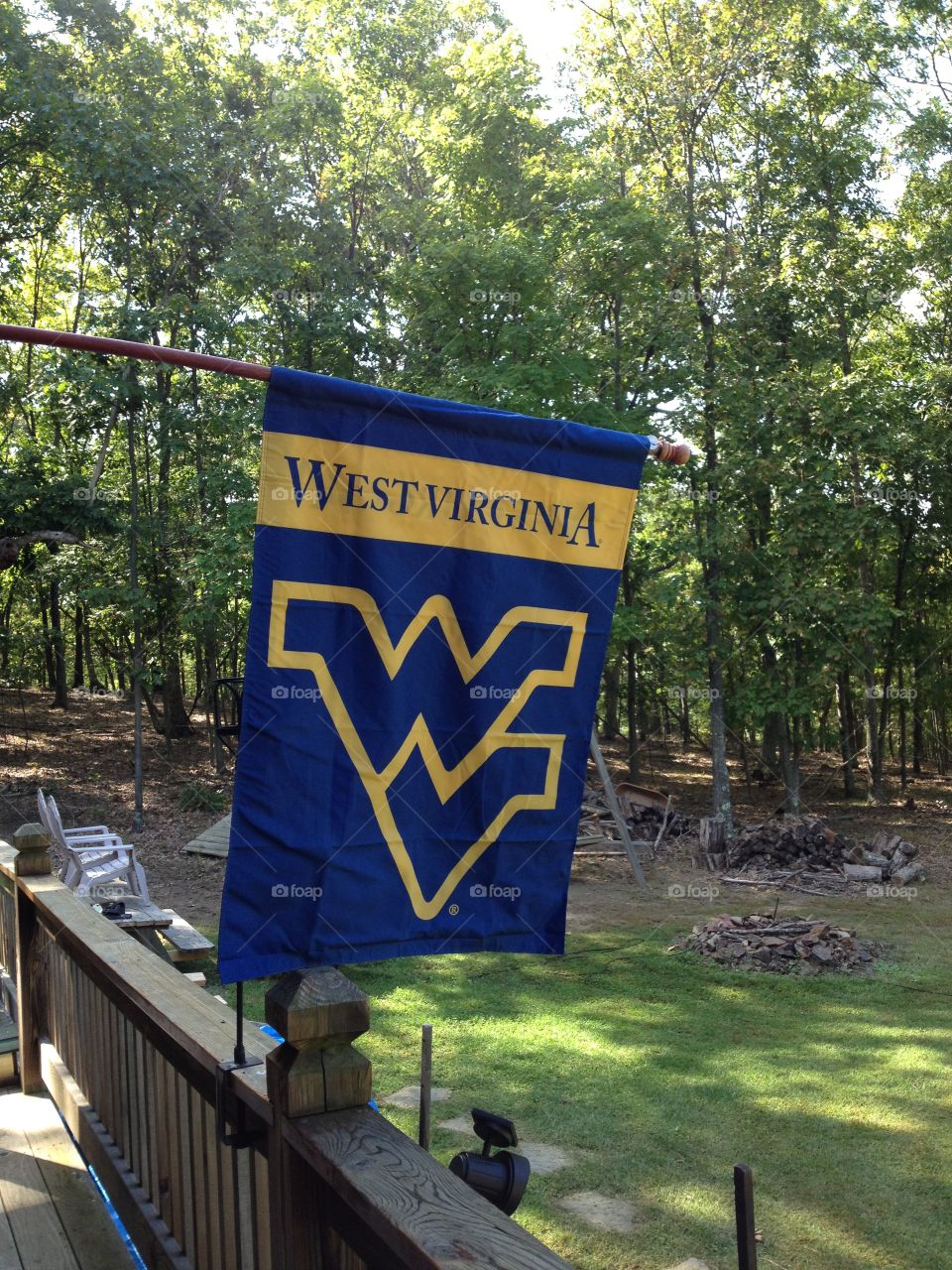 West Virginia University flag blowing in the woods
