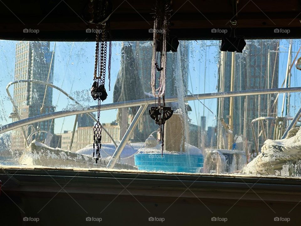 This is the beautiful panoramic view from aboard „Salvation“, the „28 foot 1969 Luhrs“ cabin cruiser at „Newtown Creek“ by the „Pulaski Bridge“ in LIC, Queens that I and my longtime partner „Timothy Trespas“ call home. 2024. Hypnotic Productions