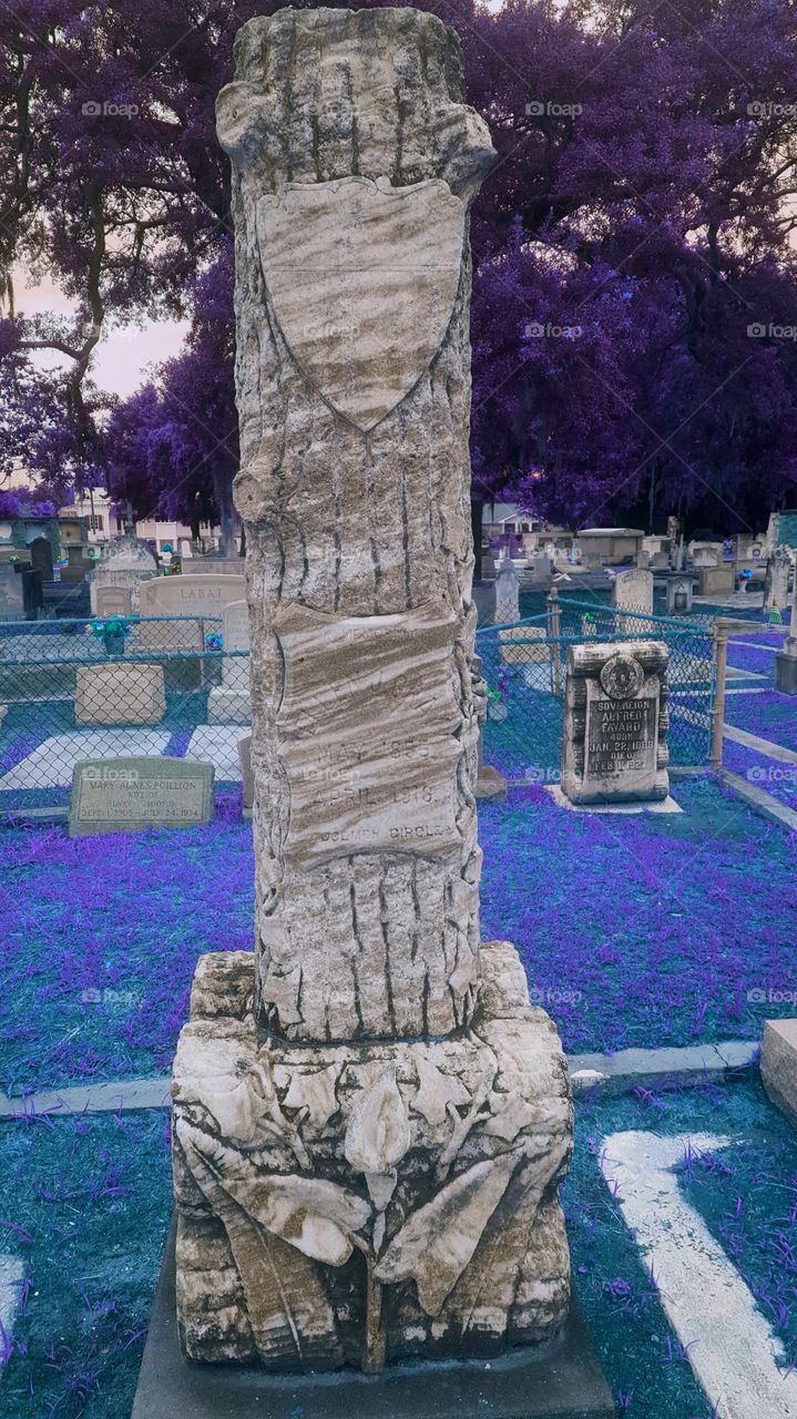statue in a grave yard. tomb stones and purple grass