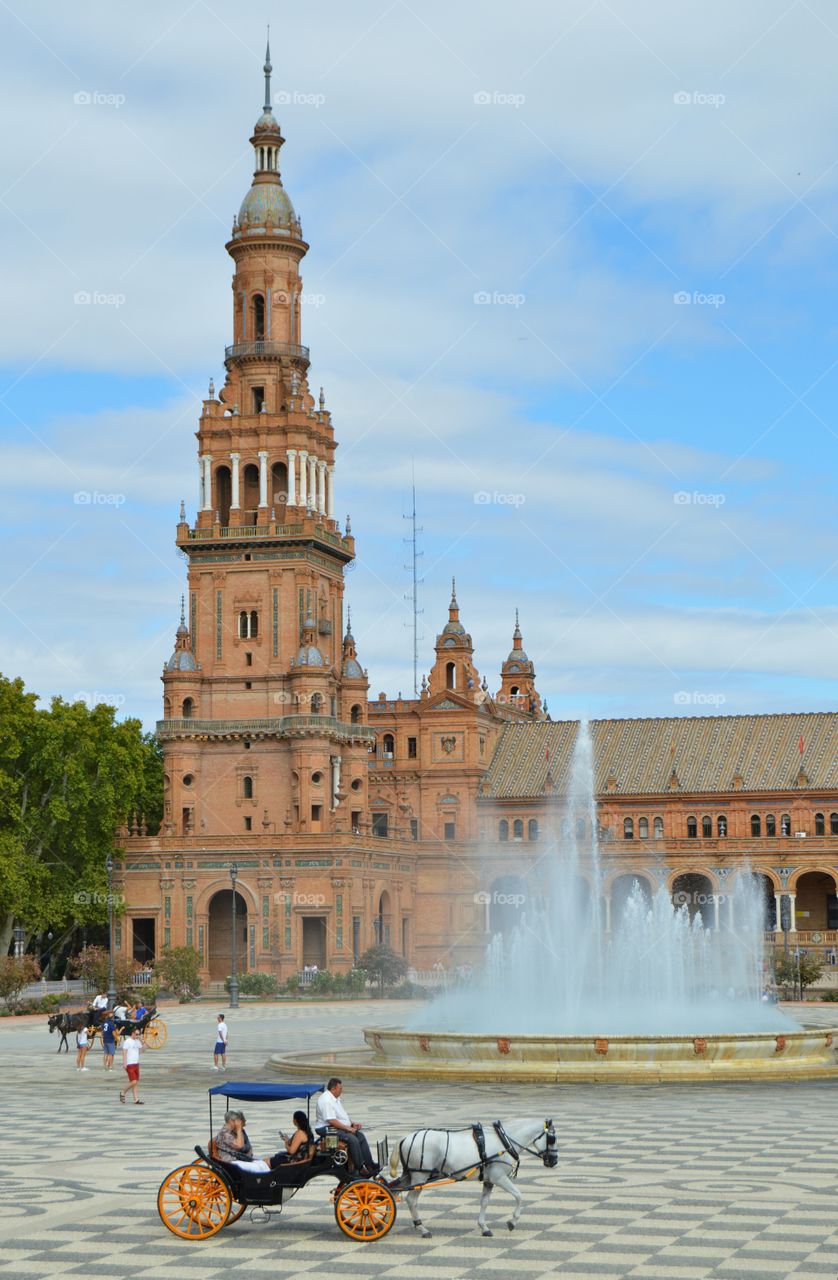 North Tower and fountain. North tower and fountain at Plaza de España, Seville, Spain.