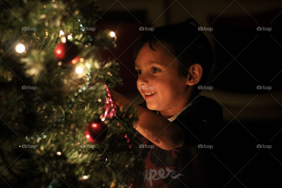 Boy Decorating Christmas Tree 