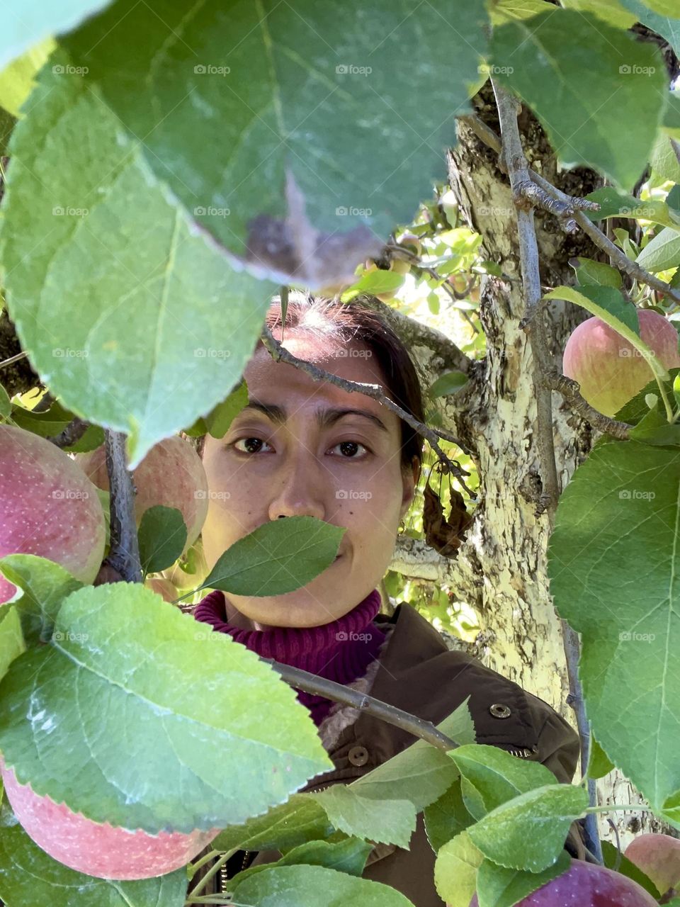 A woman behind the apples