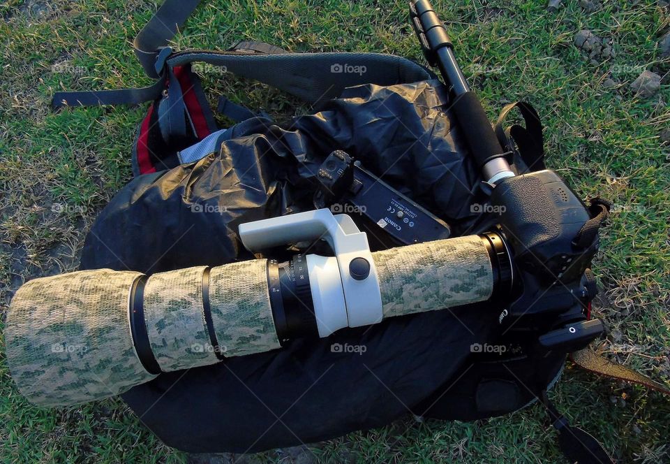 Photography equipment gears. Awaited birds to the long for resting on. The lens and camera are rest as time is going on no target .