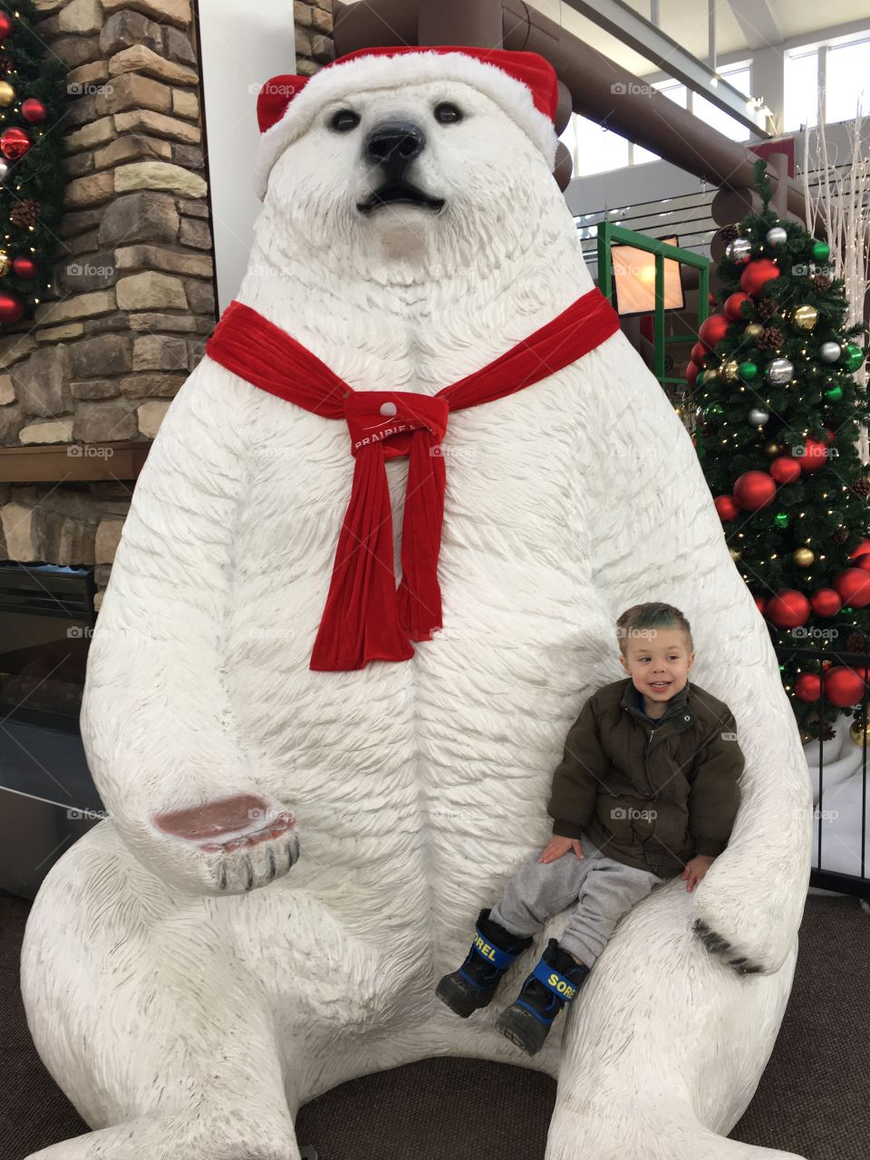 Sitting on the polar bear at the mall 