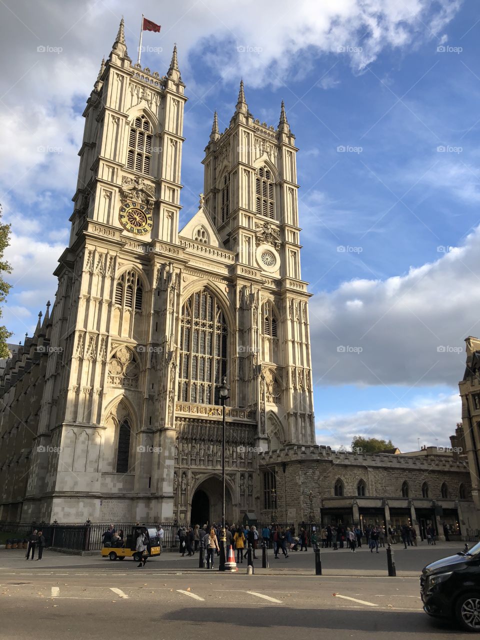 A sunlit view of London’s Westminster Abbey, the famous burial site of many noted Englishmen and more recently the site of the wedding between Prince William and Kate Middleton.  