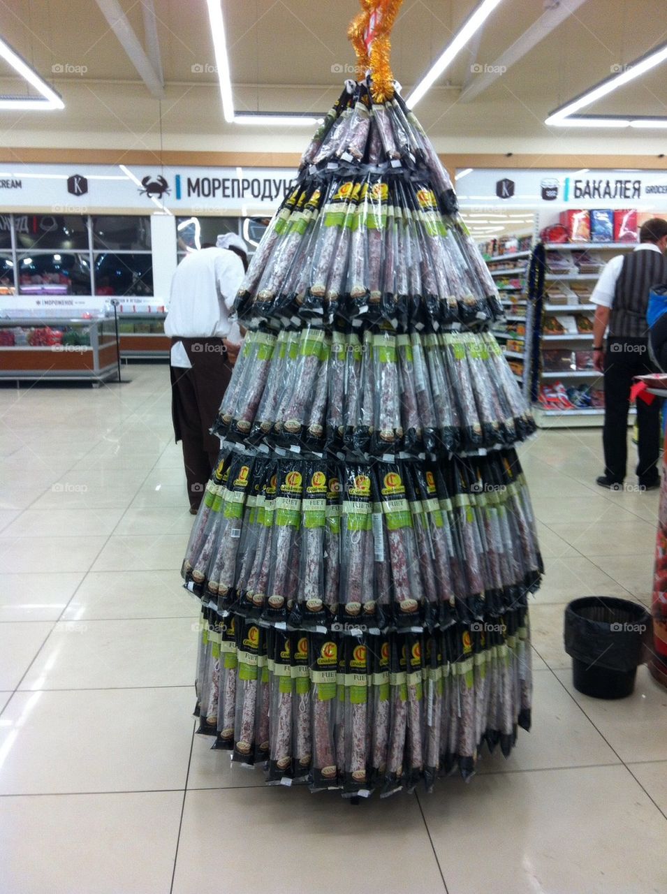 A sausage Christmas tree in supermarket