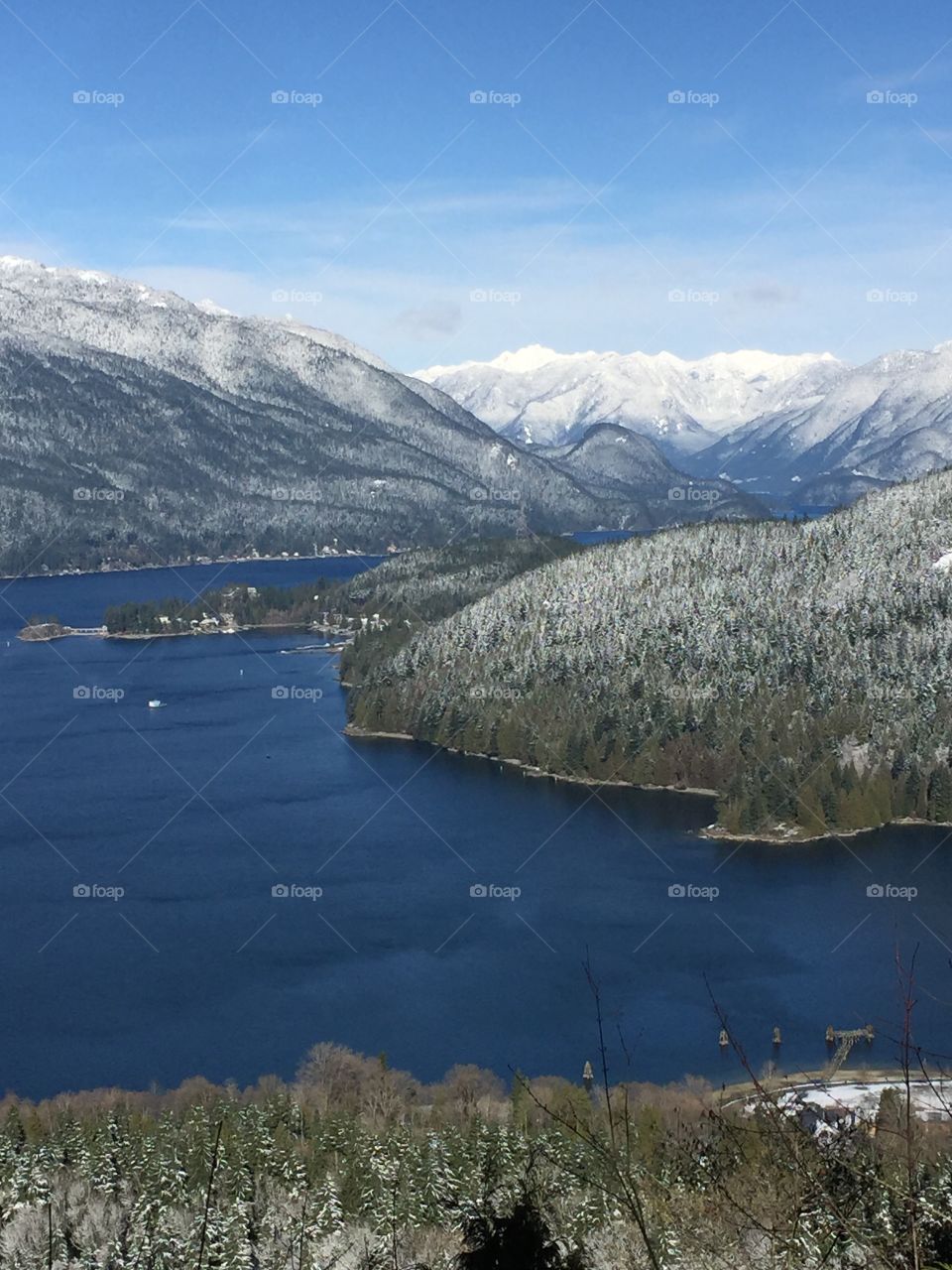 View of snowy Burrard Inlet from Burnaby Mountain on a crisp winter day