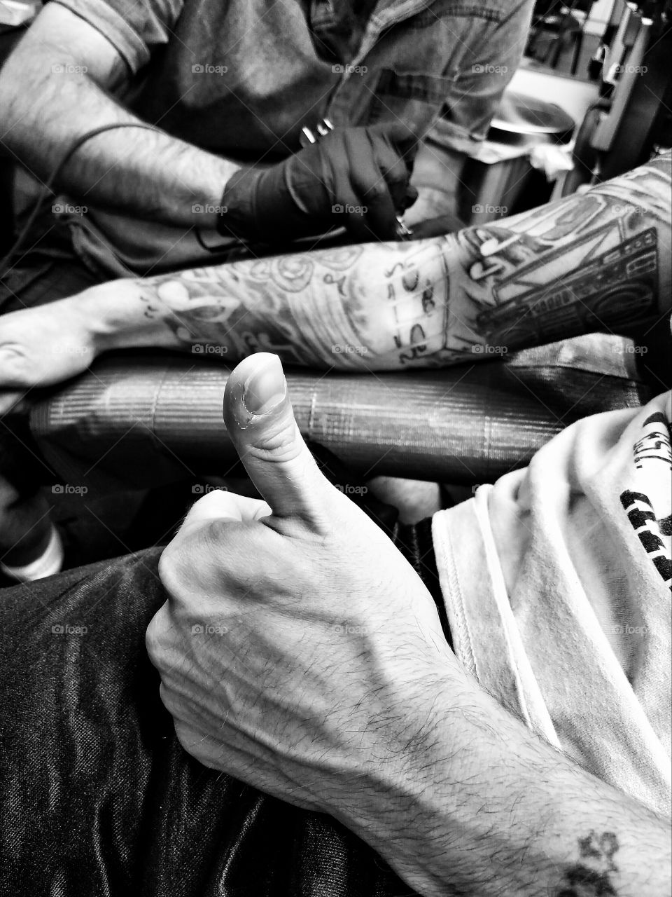 My best friend getting his tattoo sleeve finished.