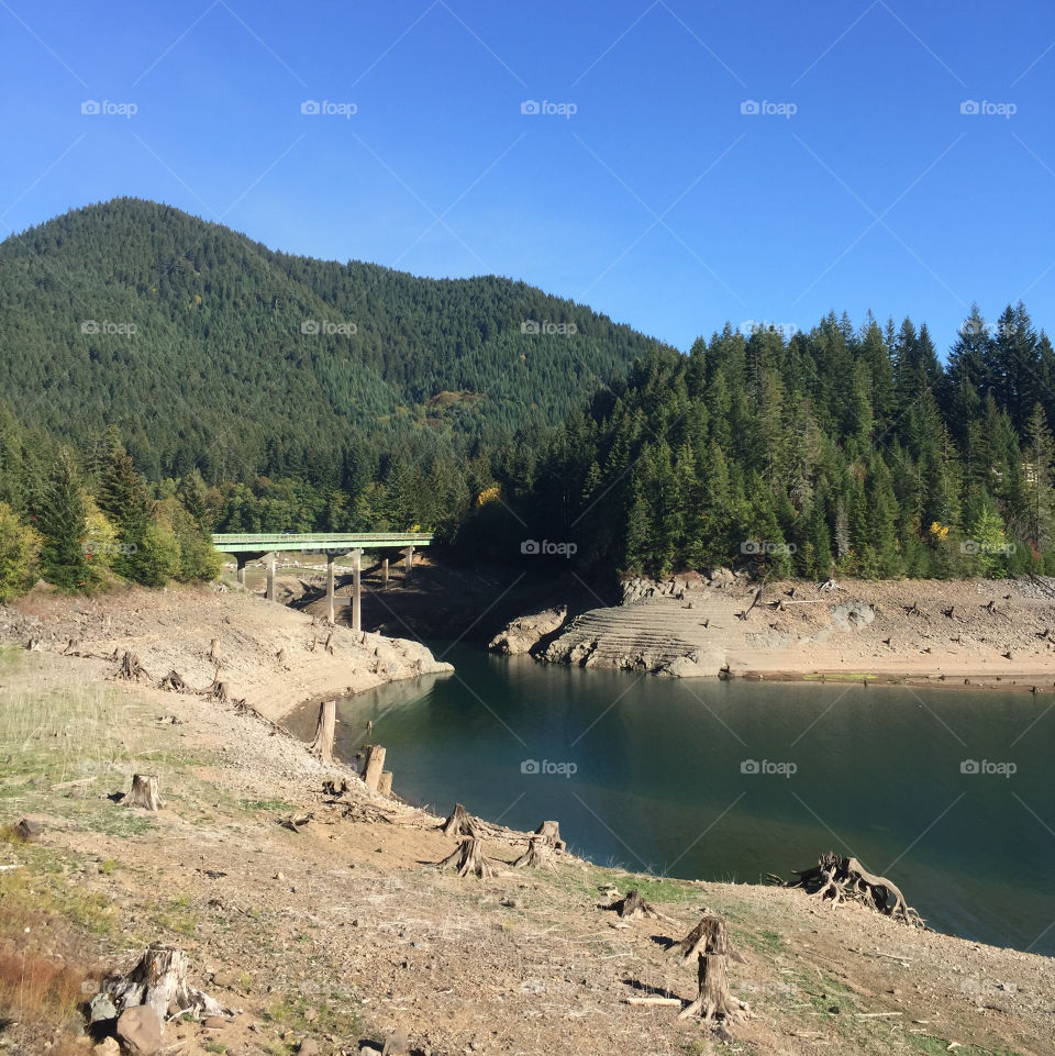 A bridge spans the McKinzie River as it flows into Detroit Reservoir on a sunny Oregon day. 