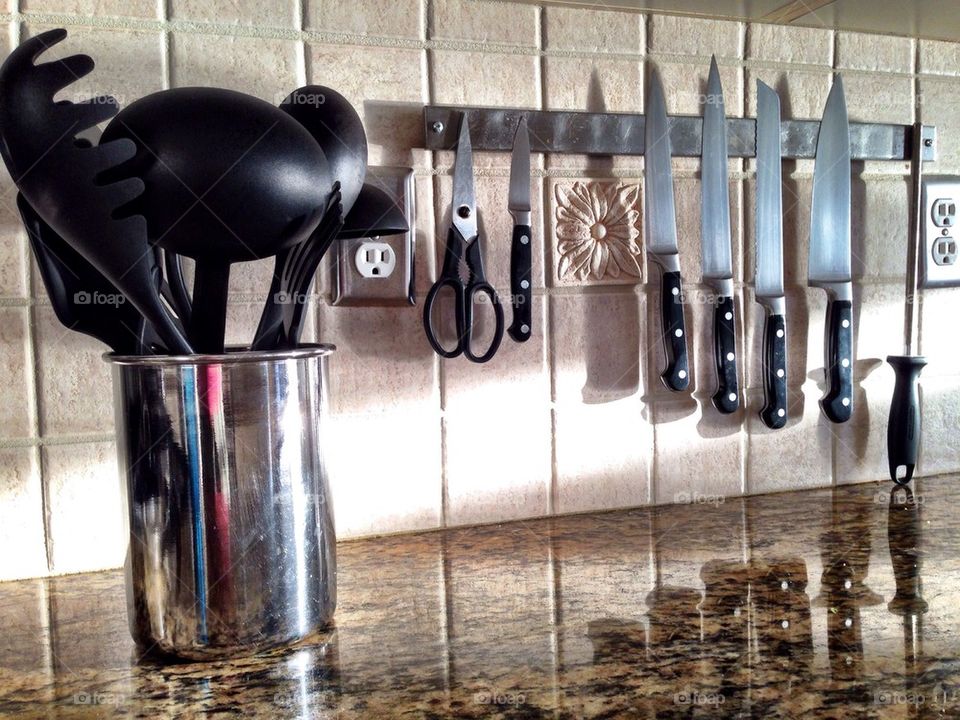 Kitchen utensils on counter top