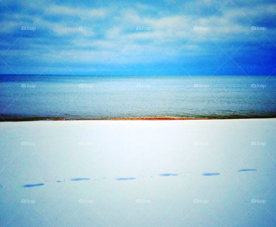 Footprints in the snow at the waters edge