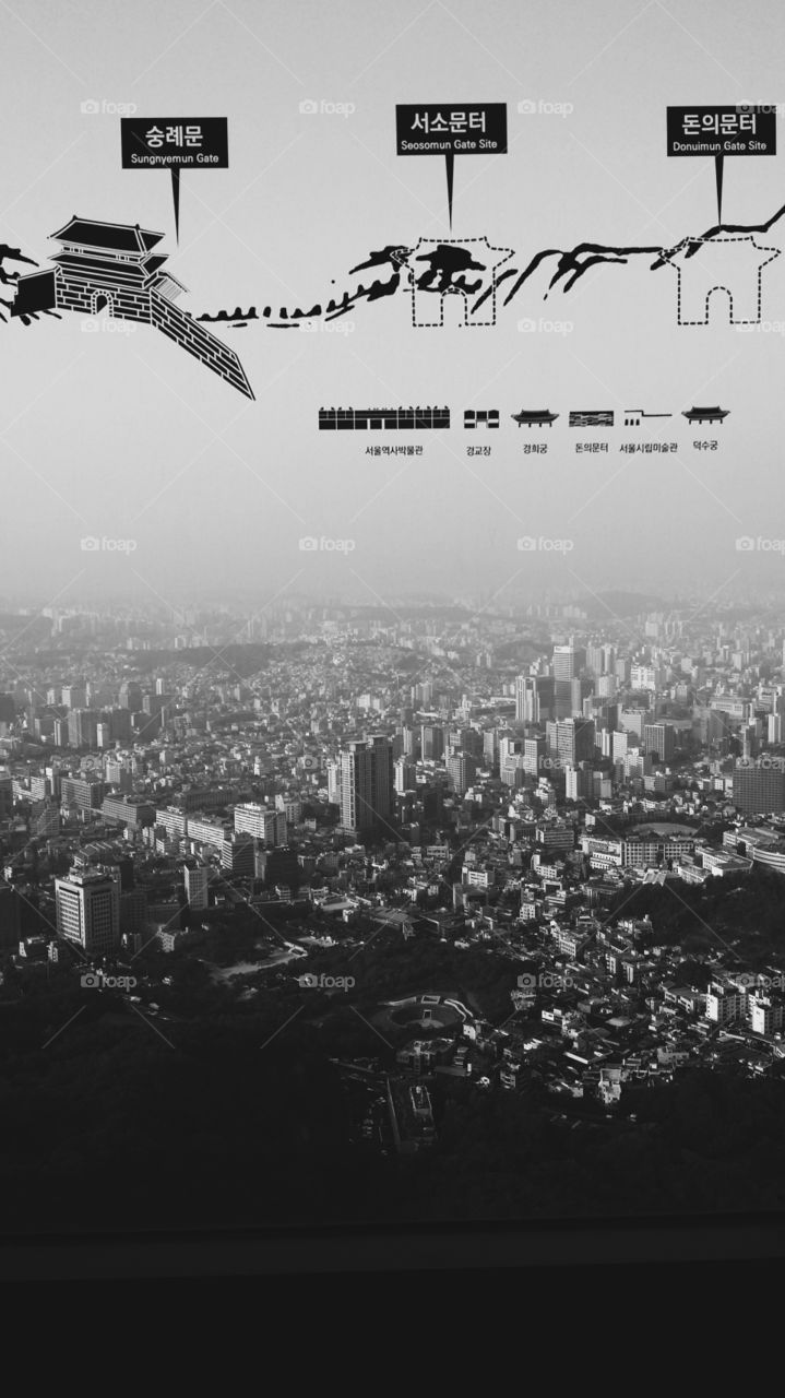 untitled. Seoul from Namsan tower view. Black and white. 
