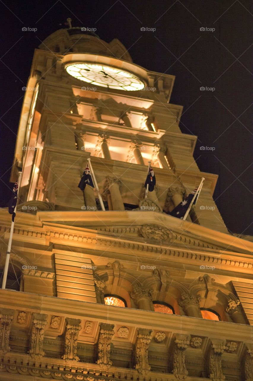 GPO General Post Office Clock Tower lighted up at night in Martin Place, Sydney, New South Wales, Australia