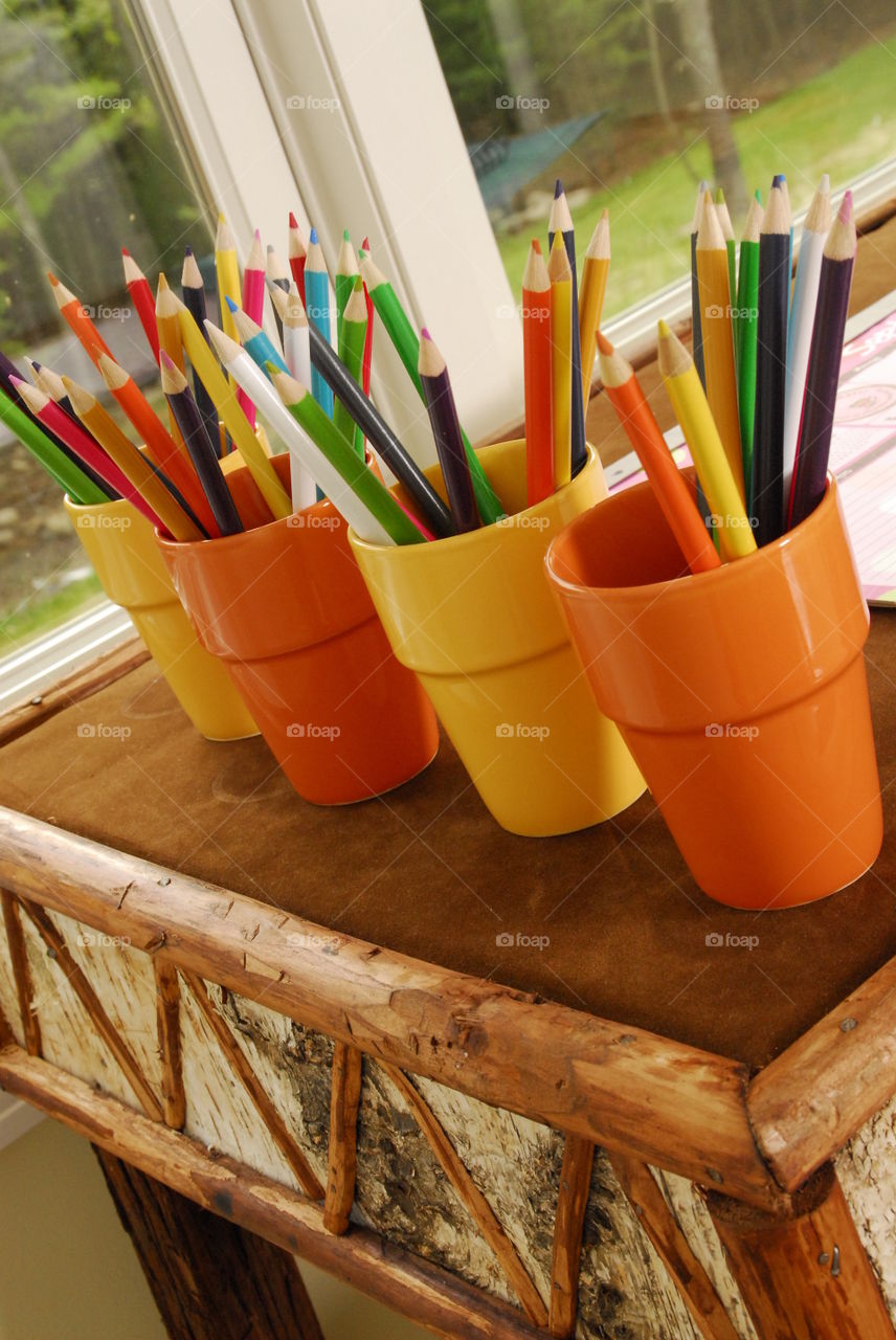 Arts and crafts; colored pencils in a rustic presentation