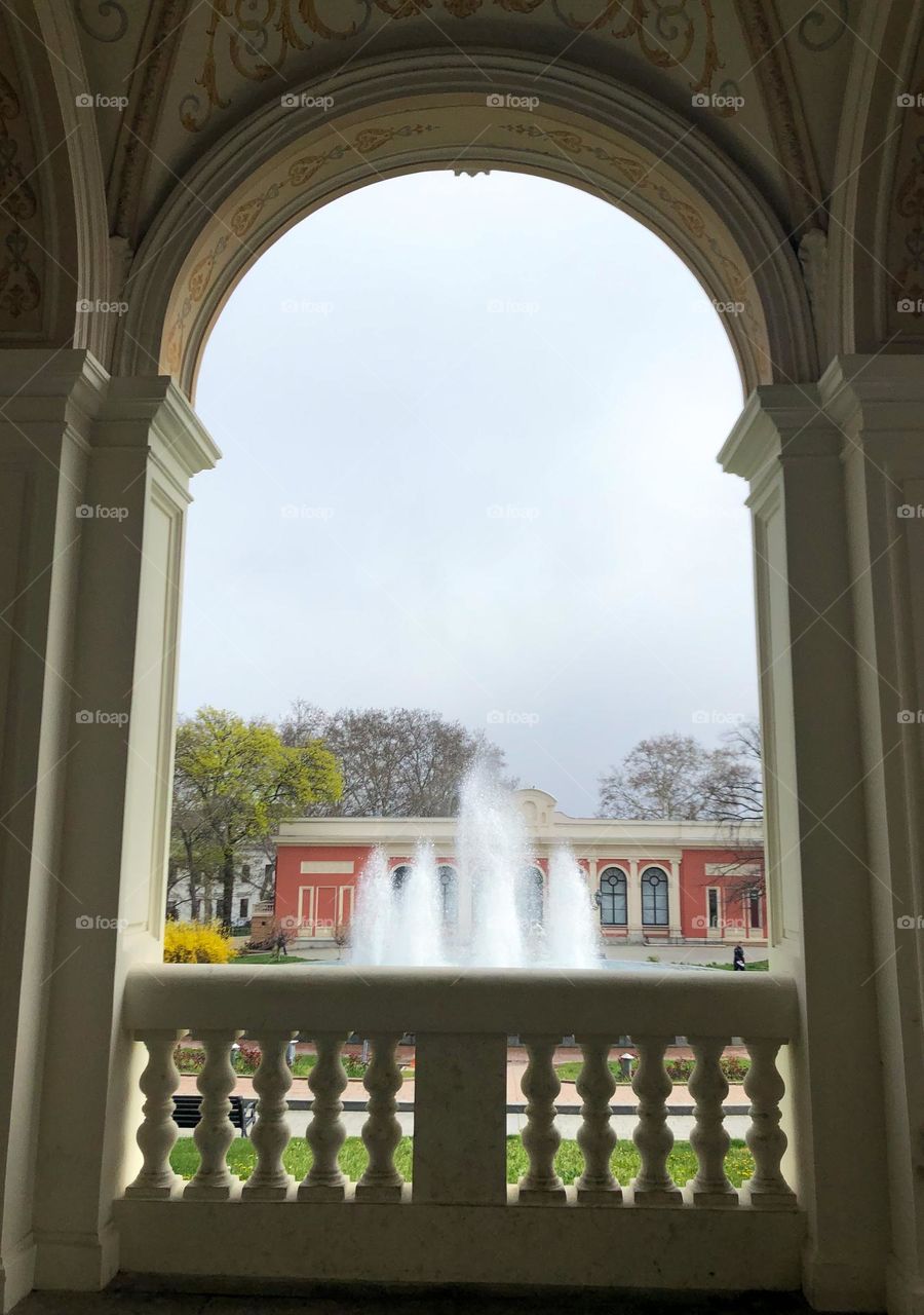 View of the fountain from the arch of the Opera House in Odesa, Ukraine 