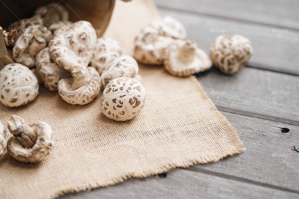 dried mushroom. Soft focus of Shiitake mushroom. Normally use to make clear soup. 