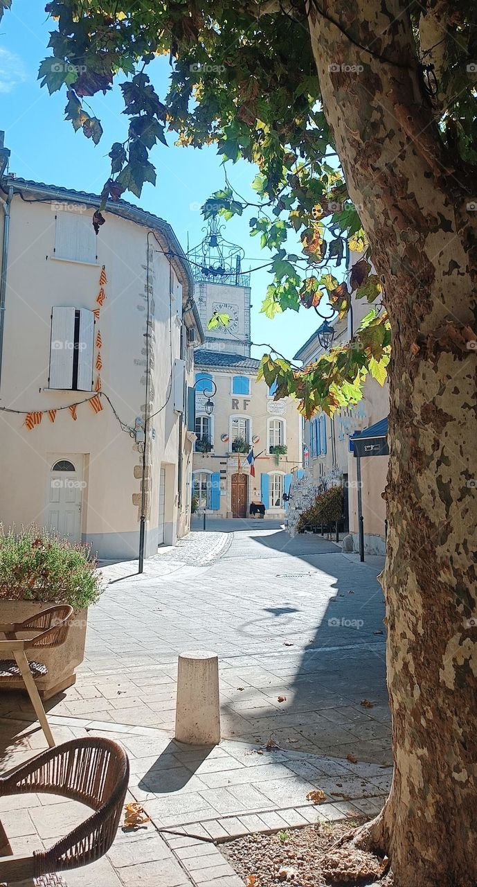 typical village street in the south of France with counsel house, brasserie, platanes et terras