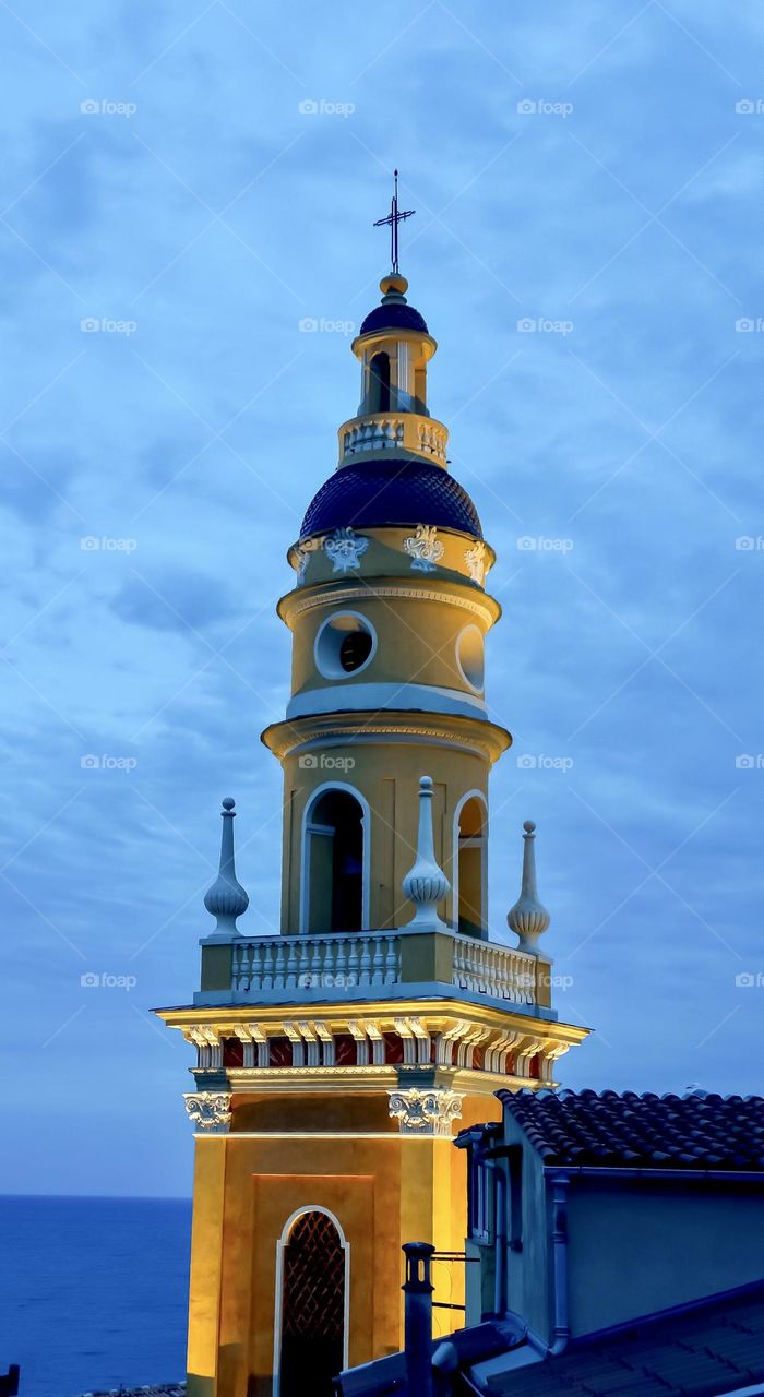 The steeple of Basilica of Saint Michael Archangel Basilique Saint-Michel Archange de Menton.