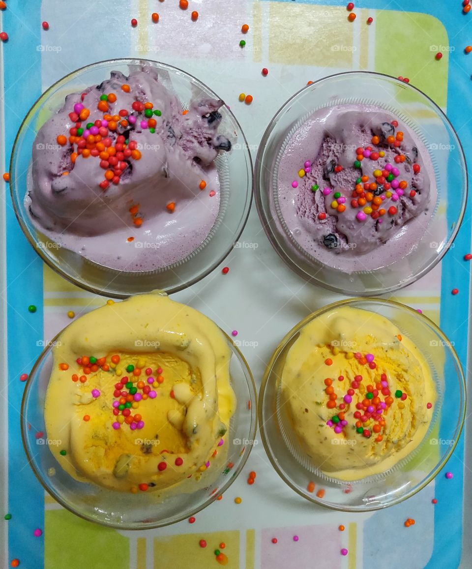 homemade colorful ice cream for four with sweet sprinklers...🙂😋