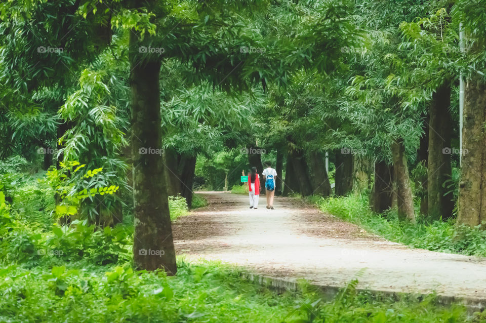 Portrait of two joyful young loving Couple walking in a green autumn park on a romantic summer day. Pre-wedding marriage engagement concept. Togetherness composition. Botanical garden, Kolkata, India