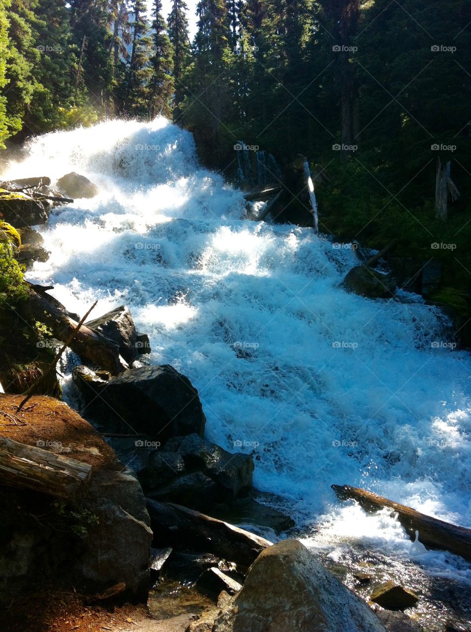 Cascading Falls beside the trail at Joffre Lakes Provincial Park.