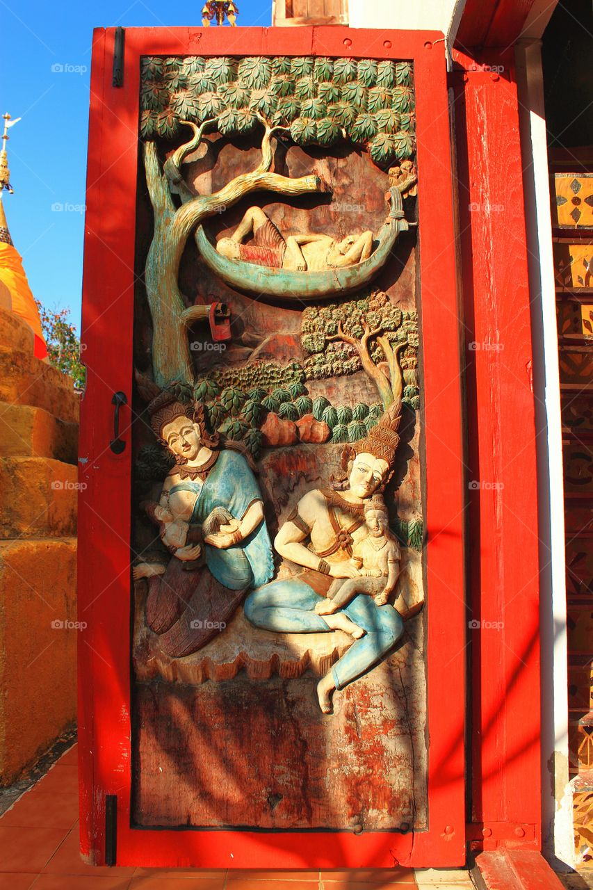 Wonderful! Wood door carving. Art in Thai style.