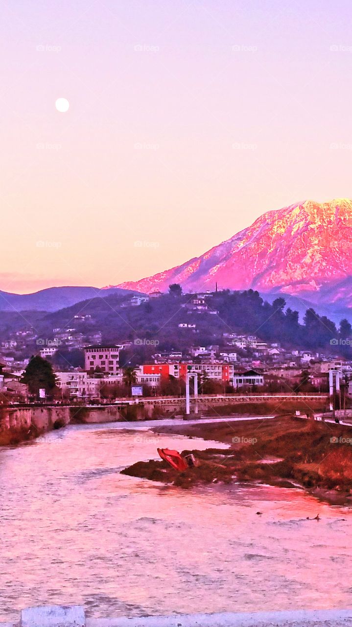 Moon Rise during Sunset in Berat, Albania