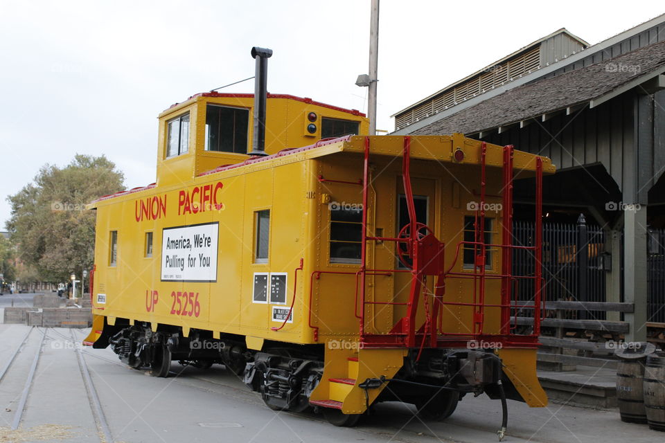 red and yellow Museum train in Old Town Sacramento
