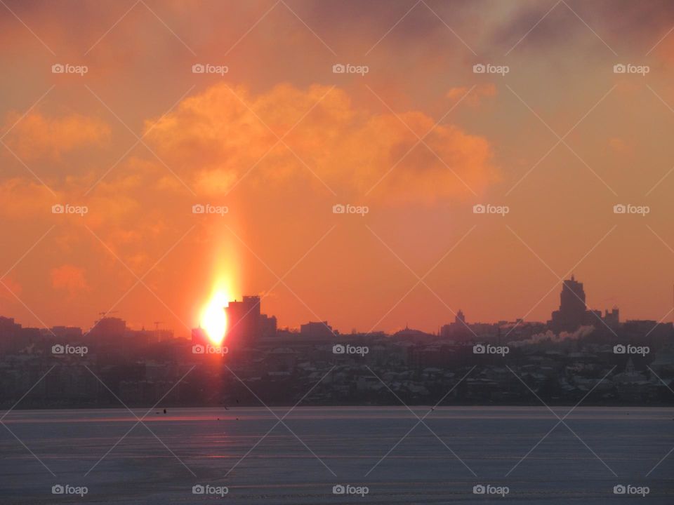 charming sunset, frost and sun