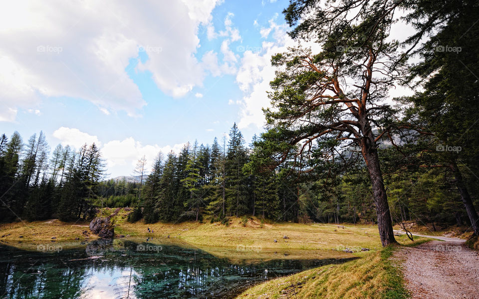 Hiking around the green lake at styria, austria