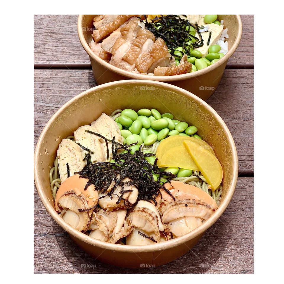 Wafu butter Japanese large hotate cha soba and teriyaki chicken donburi 