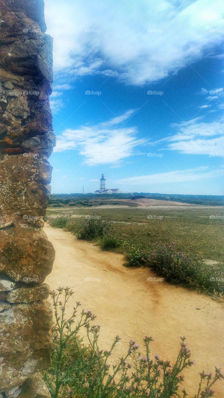 Lighthouse in the countryside.