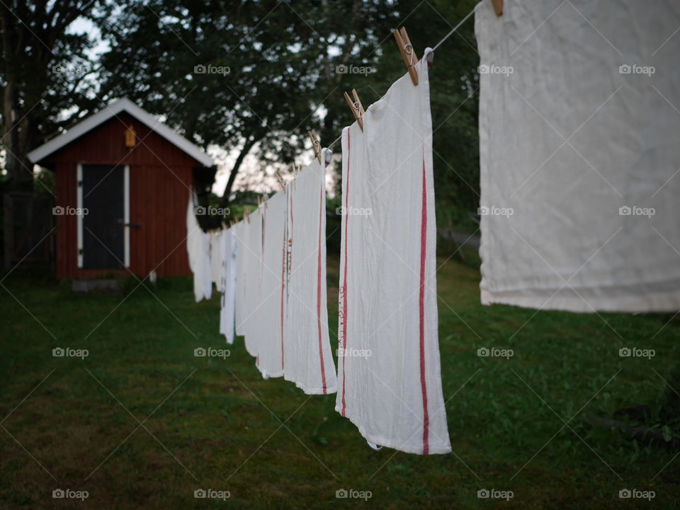 My favorite IKEA white and red cotton kitchen towels hanging outdoors on a laundry line in the garden at the evening light
