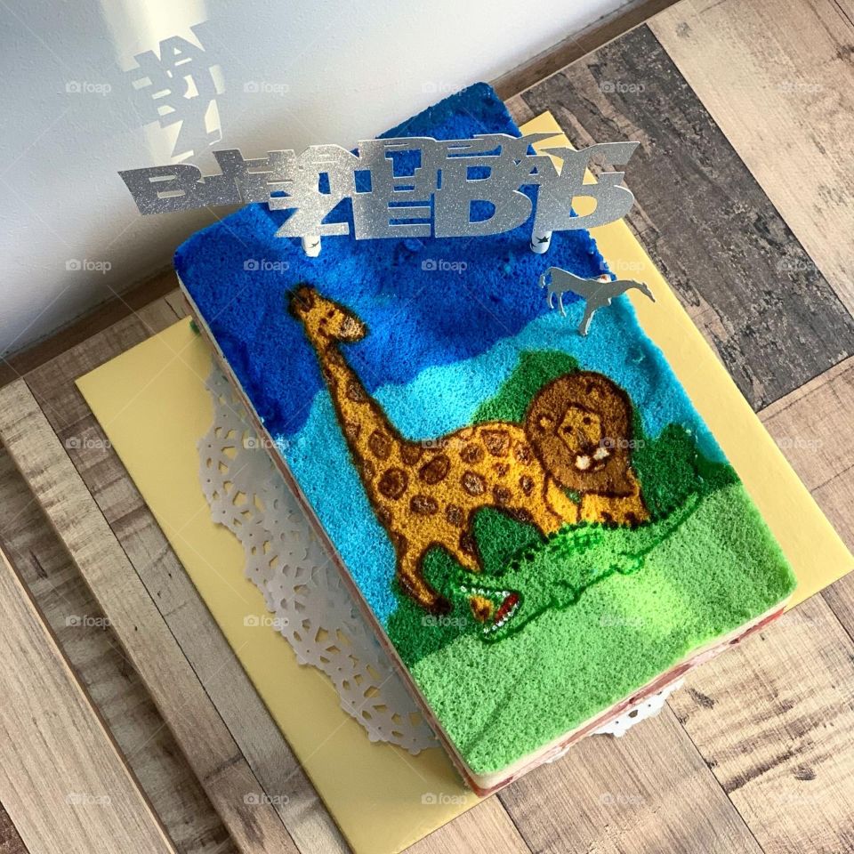 Hand drawn homemade animal happy birthday cake for kid 