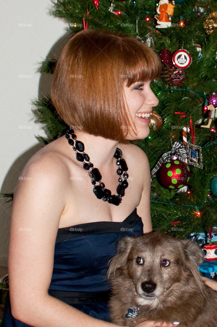 Woman and her dog at Christmas