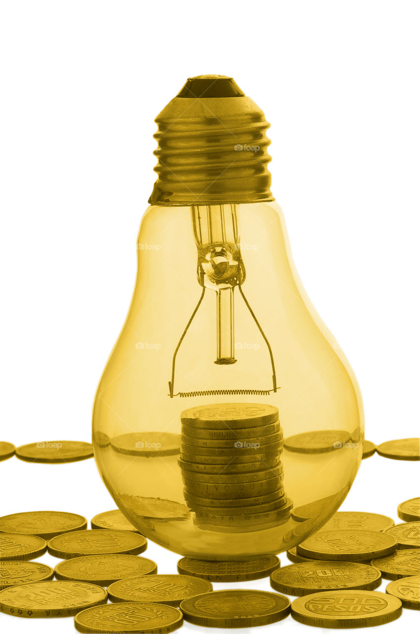 Yellow Electric bulb money coins on White background
