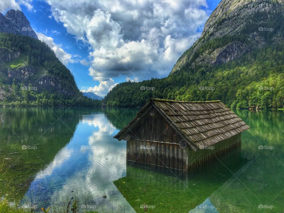 Old hut in lake