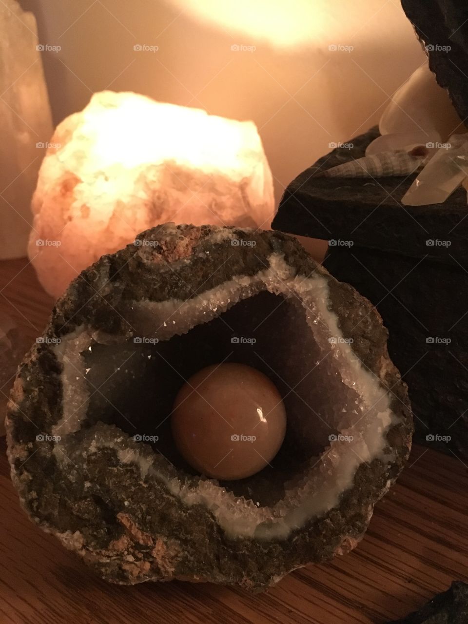 Crystal geode and Rose quartz candle holder zen display.  