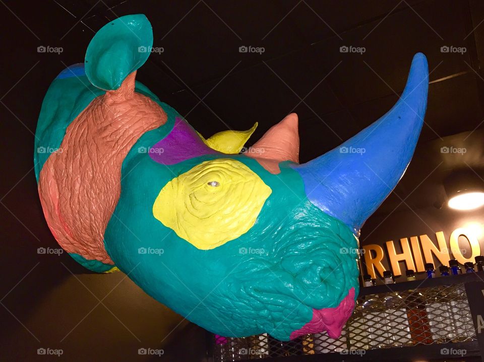 Custom painted rhinoceros head made into a piece of colorful artwork for a local restaurant with a Rhino Bar